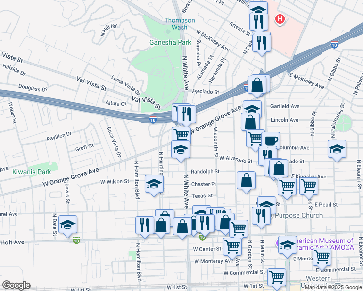 map of restaurants, bars, coffee shops, grocery stores, and more near 1163 North White Avenue in Pomona
