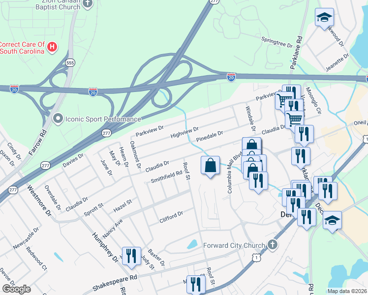 map of restaurants, bars, coffee shops, grocery stores, and more near 7340 Highview Drive in Columbia