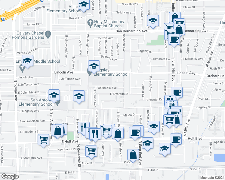 map of restaurants, bars, coffee shops, grocery stores, and more near 1144 East Columbia Avenue in Pomona