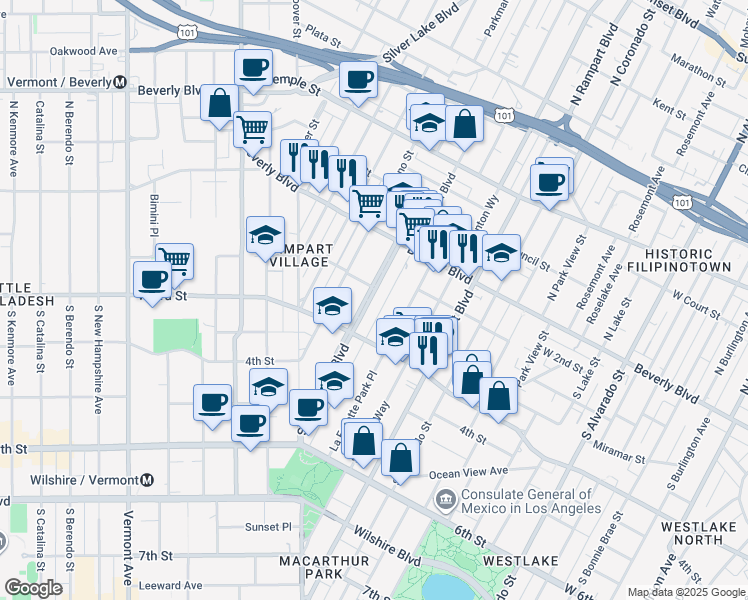 map of restaurants, bars, coffee shops, grocery stores, and more near 145 South Occidental Boulevard in Los Angeles