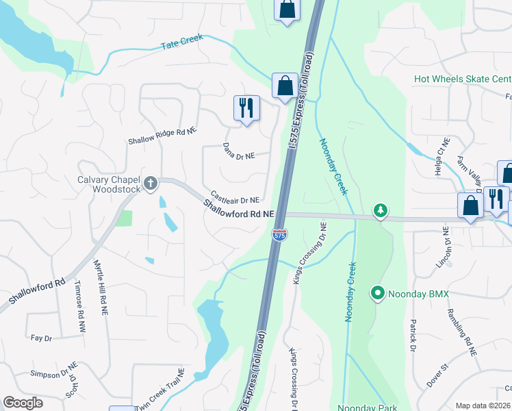 map of restaurants, bars, coffee shops, grocery stores, and more near 178 Castleair Drive Northeast in Kennesaw