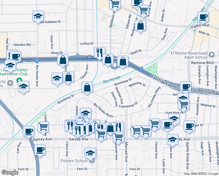 map of restaurants, bars, coffee shops, grocery stores, and more near 9866 Brockway Street in El Monte