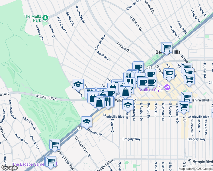 map of restaurants, bars, coffee shops, grocery stores, and more near 603 North Linden Drive in Beverly Hills