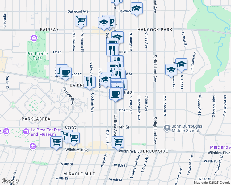 map of restaurants, bars, coffee shops, grocery stores, and more near South La Brea Ave & W 3rd St in Los Angeles