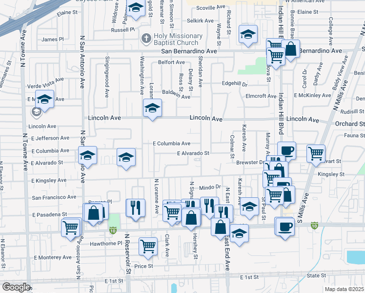 map of restaurants, bars, coffee shops, grocery stores, and more near 1144 East Columbia Avenue in Pomona