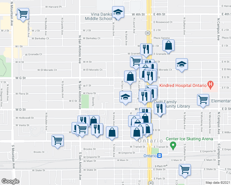 map of restaurants, bars, coffee shops, grocery stores, and more near 520 North Vine Avenue in Ontario