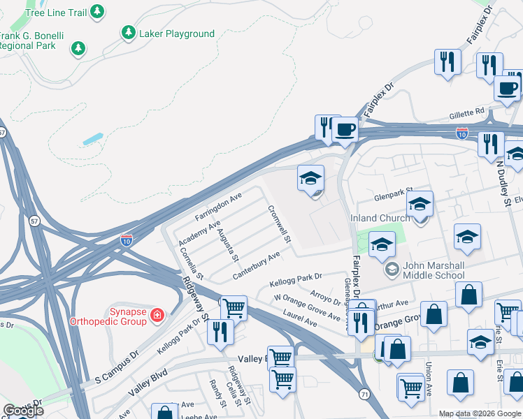 map of restaurants, bars, coffee shops, grocery stores, and more near 2205 Academy Avenue in Pomona