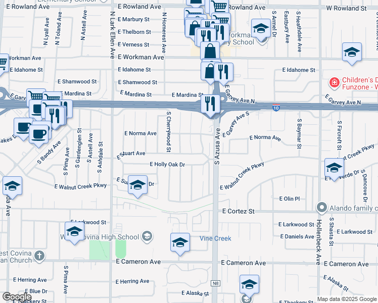 map of restaurants, bars, coffee shops, grocery stores, and more near 220 South Fernwood Street in West Covina