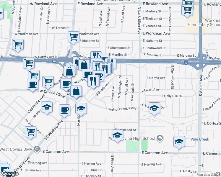 map of restaurants, bars, coffee shops, grocery stores, and more near 208 South Bandy Avenue in West Covina