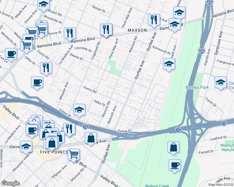 map of restaurants, bars, coffee shops, grocery stores, and more near 3633 Maxson Road in El Monte