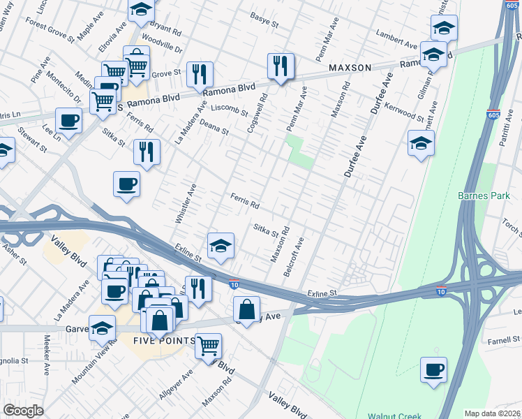 map of restaurants, bars, coffee shops, grocery stores, and more near 12043 Ferris Road in El Monte