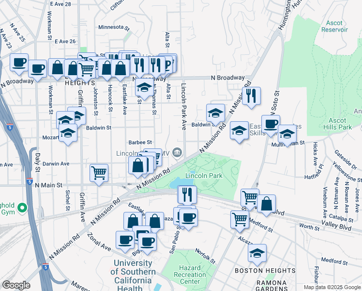 map of restaurants, bars, coffee shops, grocery stores, and more near 2107 Lincoln Park Avenue in Los Angeles
