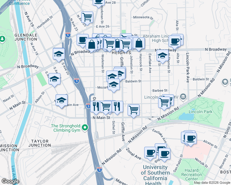 map of restaurants, bars, coffee shops, grocery stores, and more near 2063 Griffin Avenue in Los Angeles