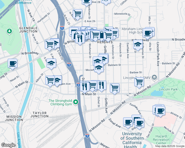 map of restaurants, bars, coffee shops, grocery stores, and more near 2726 Mozart Street in Los Angeles
