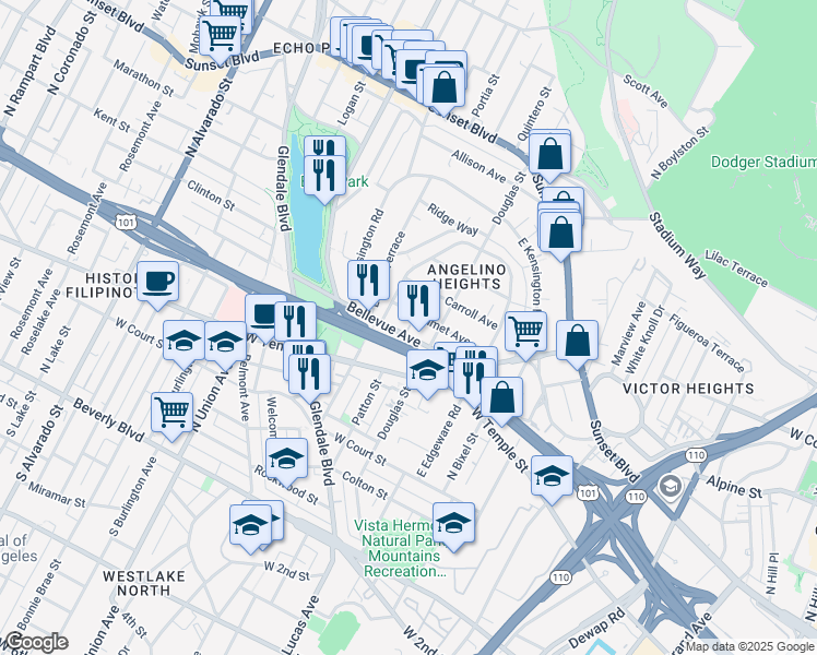 map of restaurants, bars, coffee shops, grocery stores, and more near 1442 Calumet Avenue in Los Angeles