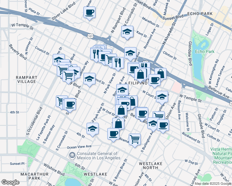 map of restaurants, bars, coffee shops, grocery stores, and more near 201 Rosemont Avenue in Los Angeles