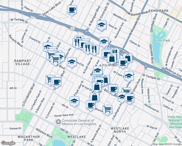 map of restaurants, bars, coffee shops, grocery stores, and more near 201 Rosemont Avenue in Los Angeles