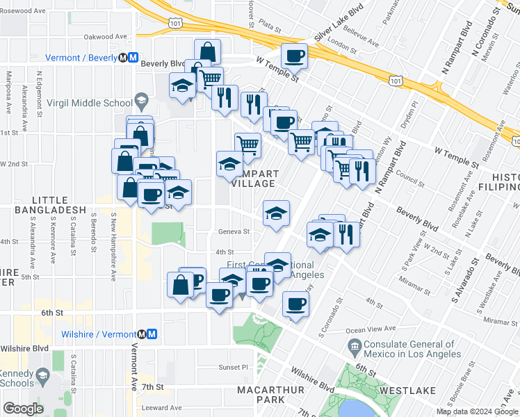 map of restaurants, bars, coffee shops, grocery stores, and more near 231 South Vendome Street in Los Angeles