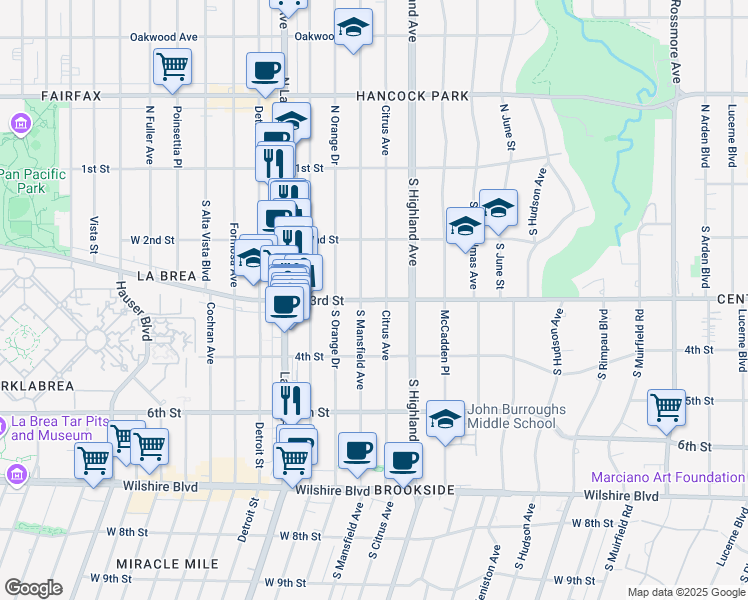 map of restaurants, bars, coffee shops, grocery stores, and more near 250 South Citrus Avenue in Los Angeles