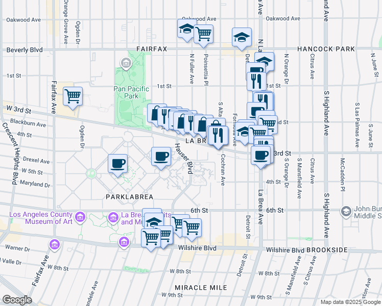 map of restaurants, bars, coffee shops, grocery stores, and more near 344 Hauser Boulevard in Los Angeles