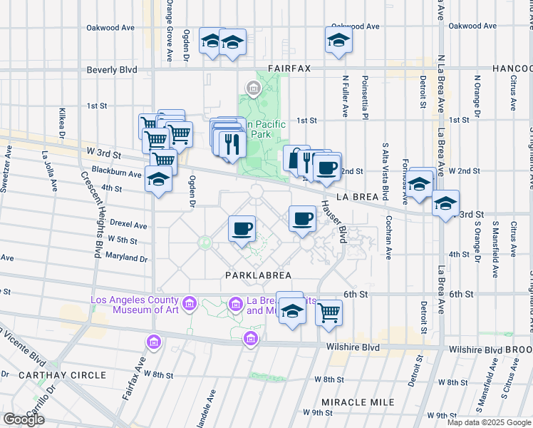 map of restaurants, bars, coffee shops, grocery stores, and more near 338 South Burnside Avenue in Los Angeles