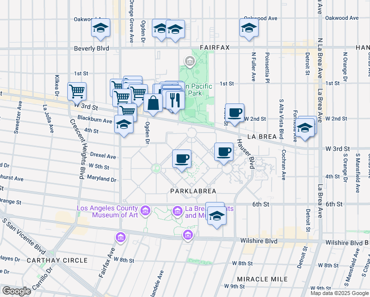 map of restaurants, bars, coffee shops, grocery stores, and more near 323 South Orange Grove Avenue in Los Angeles