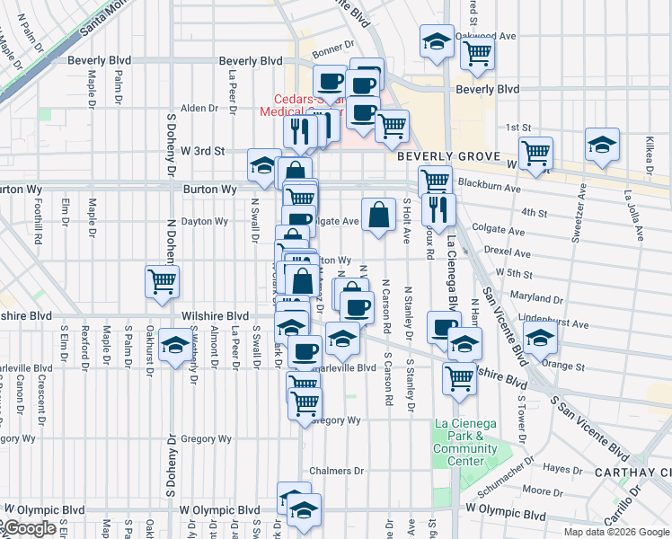 map of restaurants, bars, coffee shops, grocery stores, and more near 8693 Clifton Way in Beverly Hills
