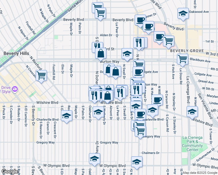 map of restaurants, bars, coffee shops, grocery stores, and more near 231 North La Peer Drive in Beverly Hills