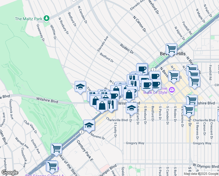 map of restaurants, bars, coffee shops, grocery stores, and more near 603 North Linden Drive in Beverly Hills