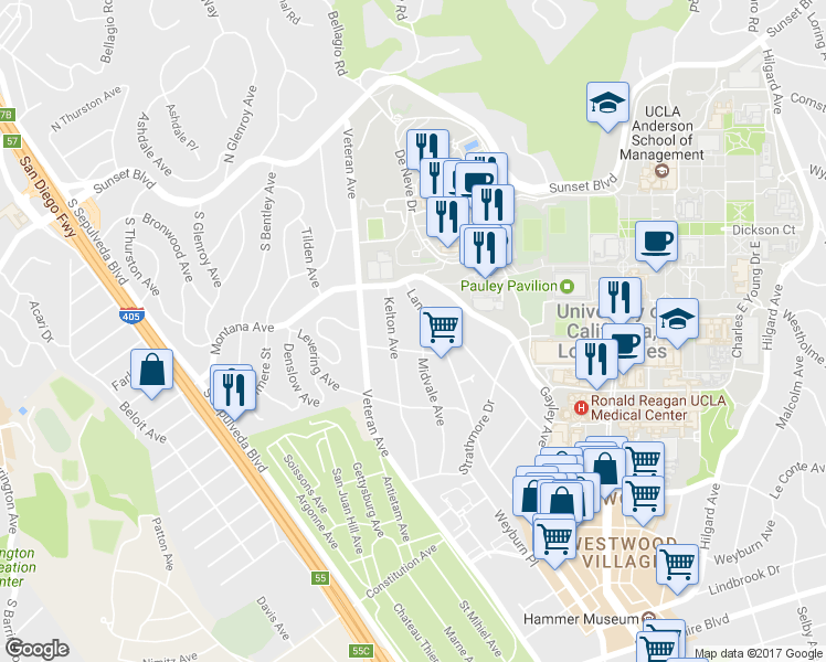 map of restaurants, bars, coffee shops, grocery stores, and more near 430 Kelton Avenue in Los Angeles