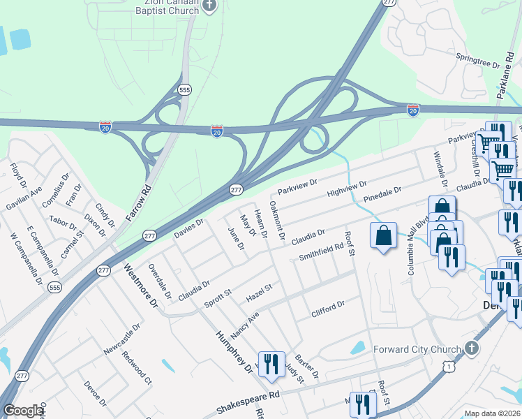 map of restaurants, bars, coffee shops, grocery stores, and more near NX3924 Oakmont Drive in Columbia