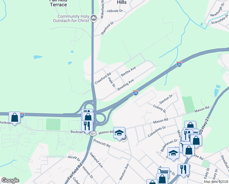 map of restaurants, bars, coffee shops, grocery stores, and more near 201 Bowling Avenue in Columbia