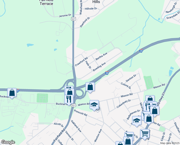 map of restaurants, bars, coffee shops, grocery stores, and more near 201 Bowling Avenue in Columbia