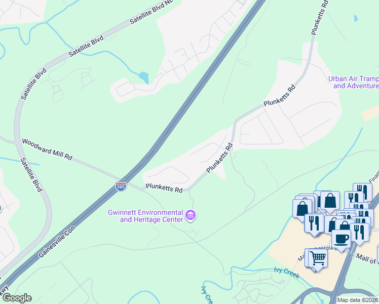 map of restaurants, bars, coffee shops, grocery stores, and more near 3625 Clarecastle Drive in Buford