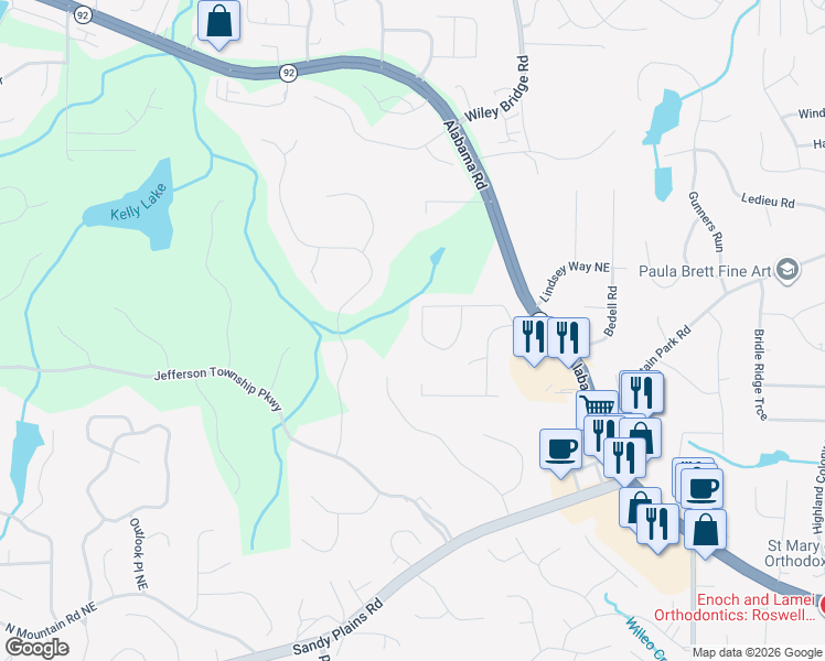 map of restaurants, bars, coffee shops, grocery stores, and more near 4930 Keota Run Northeast in Roswell