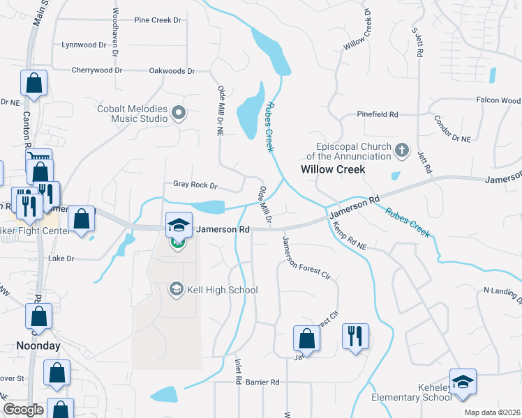map of restaurants, bars, coffee shops, grocery stores, and more near 4820 Olde Mill Drive in Marietta