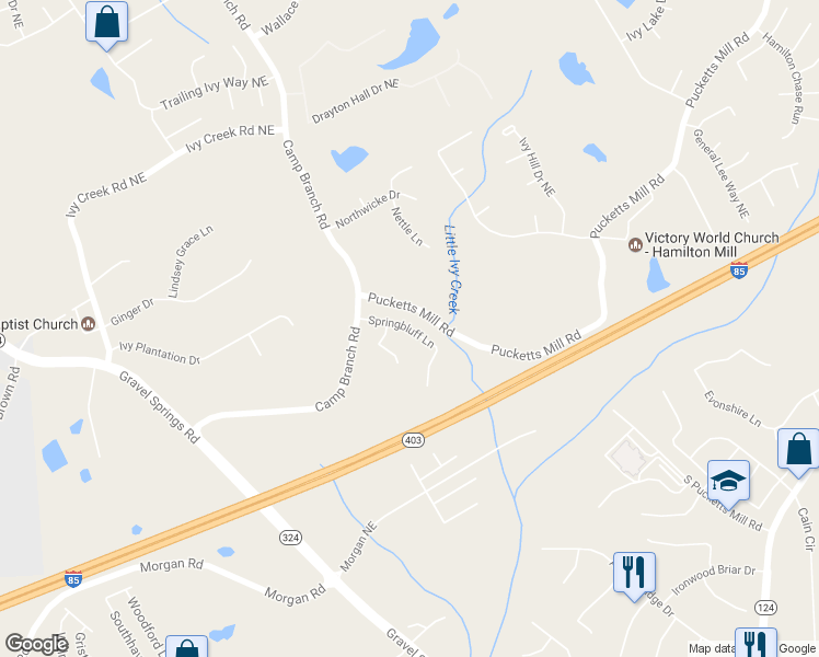 map of restaurants, bars, coffee shops, grocery stores, and more near Springbluff Lane in Buford