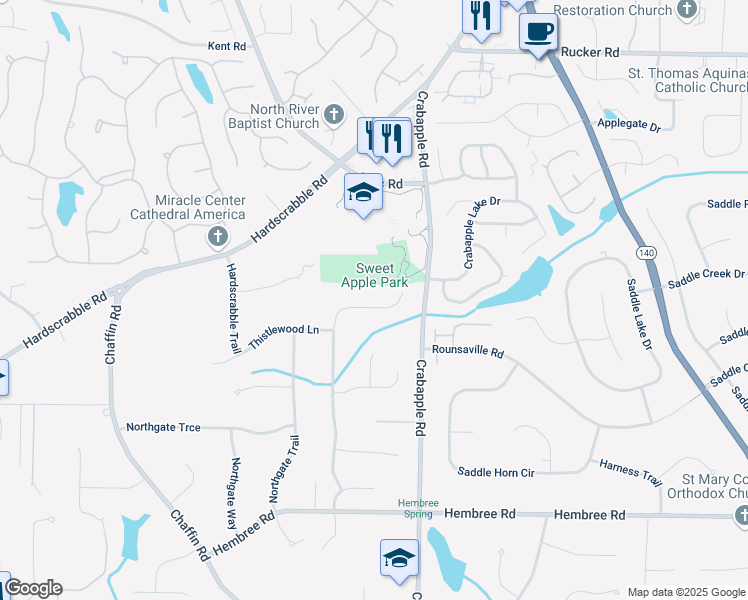 map of restaurants, bars, coffee shops, grocery stores, and more near 510 Saddlebrook Drive in Roswell