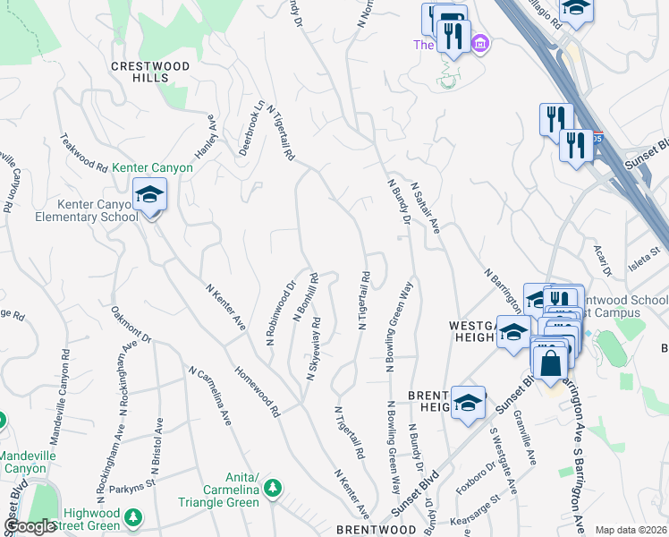 map of restaurants, bars, coffee shops, grocery stores, and more near 556 North Greencraig Road in Los Angeles