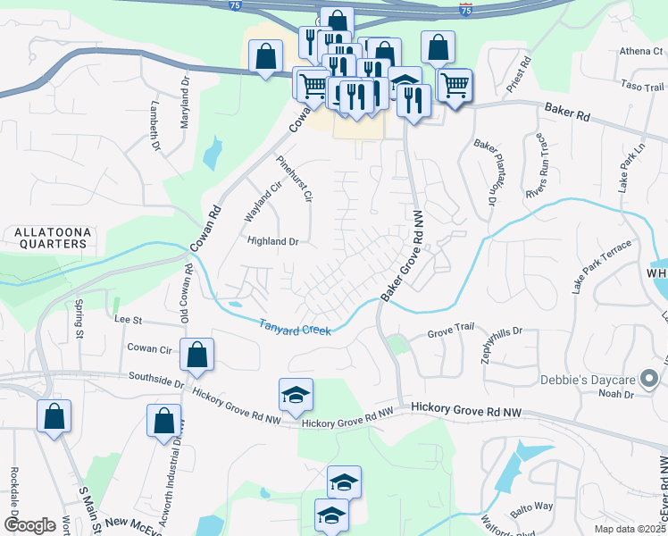 map of restaurants, bars, coffee shops, grocery stores, and more near 120 Windcroft Lane Northwest in Acworth