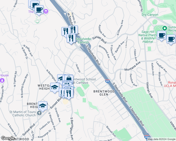 map of restaurants, bars, coffee shops, grocery stores, and more near 11350 Isleta Street in Los Angeles
