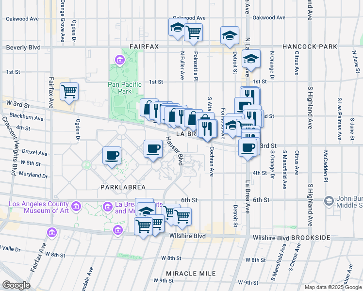 map of restaurants, bars, coffee shops, grocery stores, and more near 346 Hauser Boulevard in Los Angeles