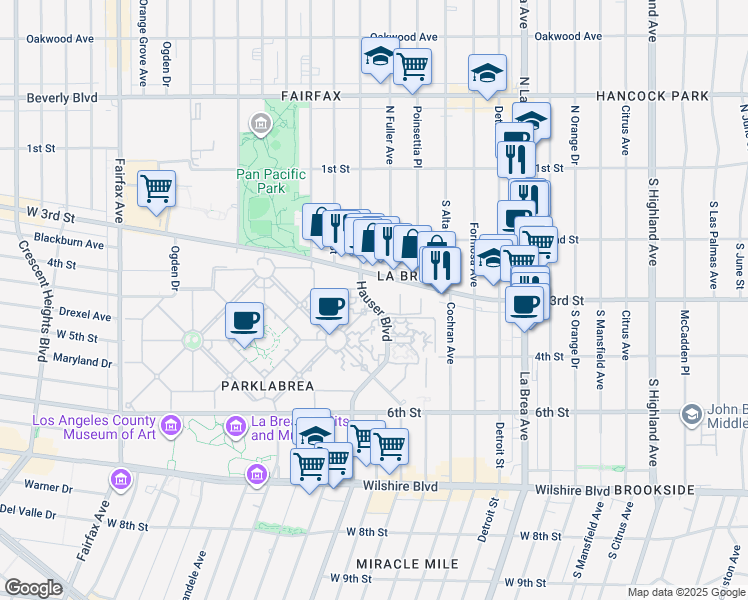 map of restaurants, bars, coffee shops, grocery stores, and more near 344 Hauser Boulevard in Los Angeles