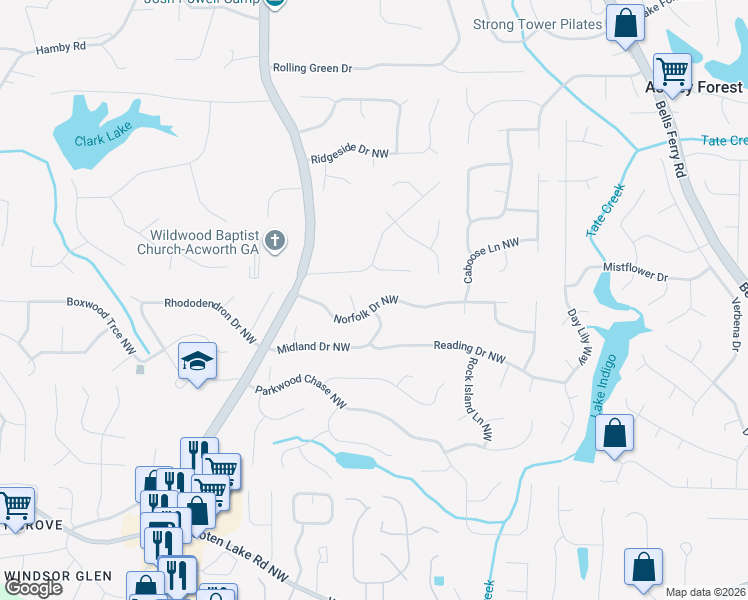 map of restaurants, bars, coffee shops, grocery stores, and more near 1172 Norfolk Drive Northwest in Acworth
