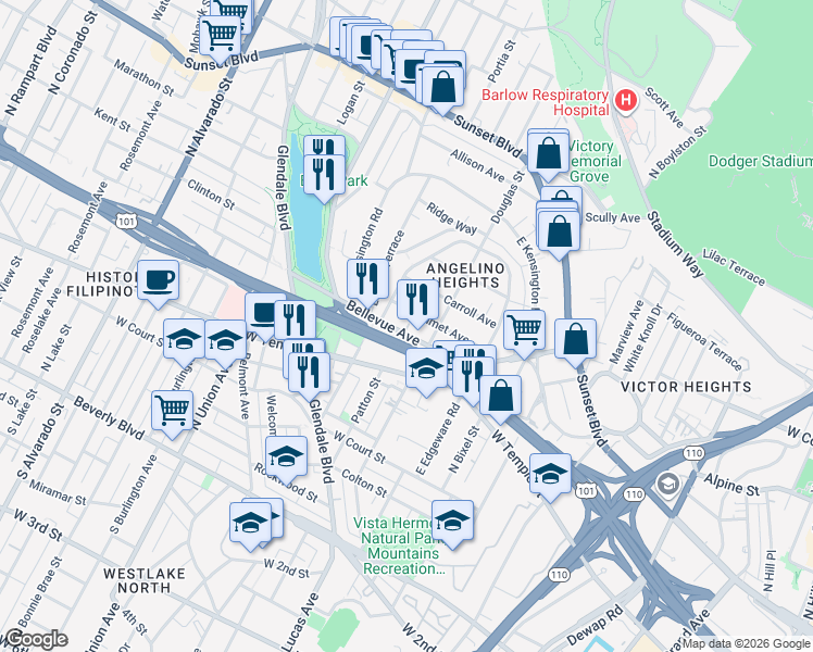 map of restaurants, bars, coffee shops, grocery stores, and more near 1442 Calumet Avenue in Los Angeles