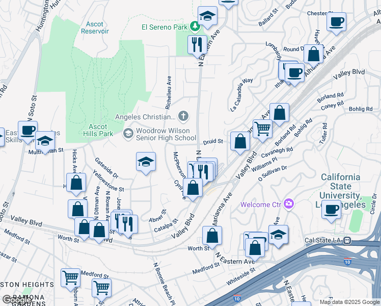map of restaurants, bars, coffee shops, grocery stores, and more near 2132 Mcpherson Place in Los Angeles