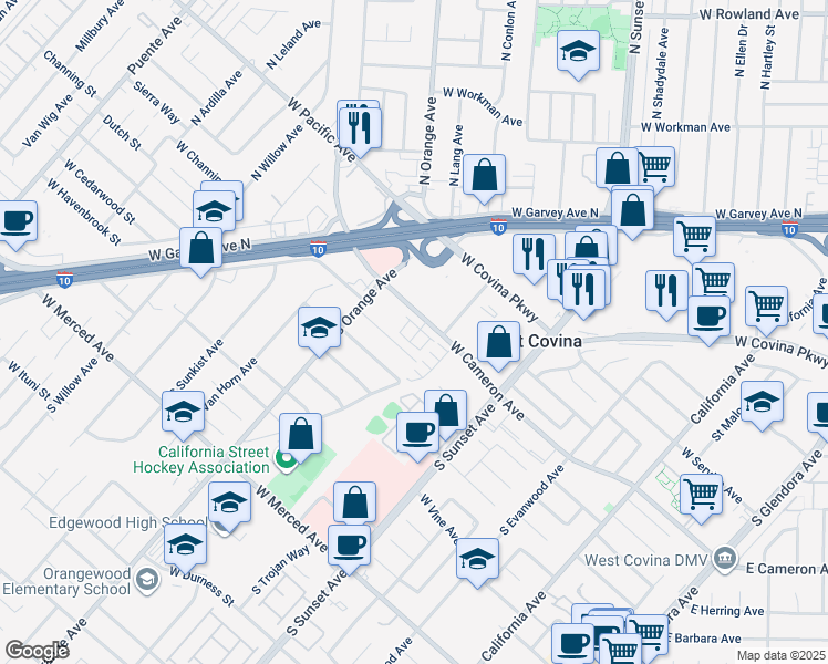 map of restaurants, bars, coffee shops, grocery stores, and more near 1692 Cayton Loop in West Covina