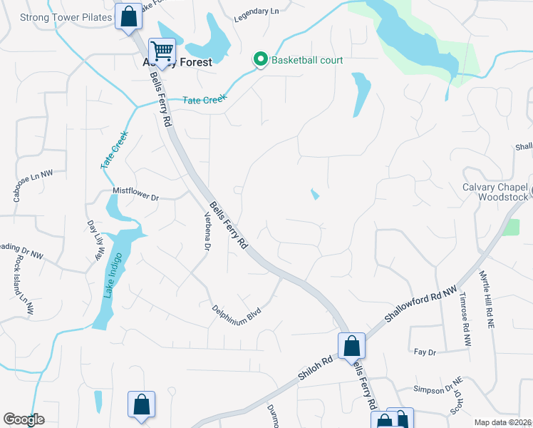 map of restaurants, bars, coffee shops, grocery stores, and more near 591 John Tate Road Northwest in Acworth