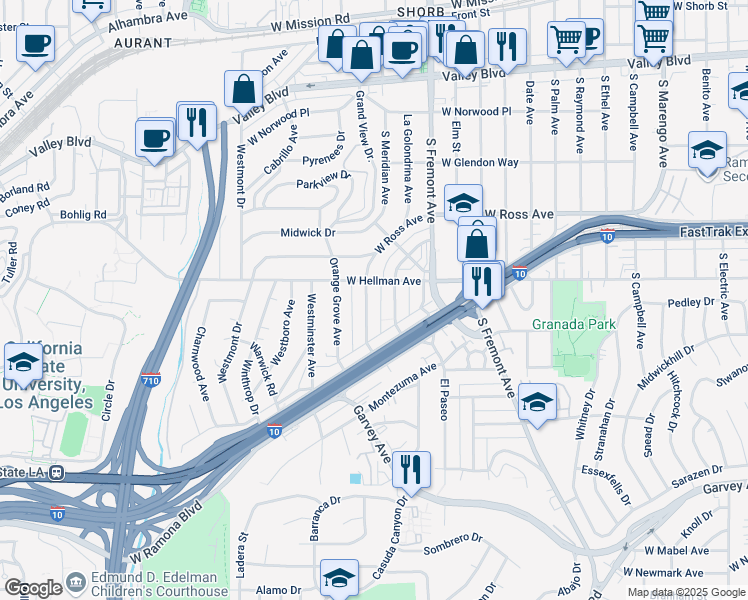 map of restaurants, bars, coffee shops, grocery stores, and more near 2116 Meridian Avenue in Alhambra