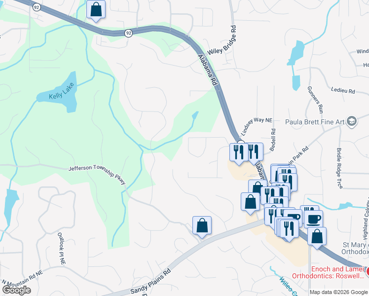 map of restaurants, bars, coffee shops, grocery stores, and more near 4930 Keota Run Northeast in Roswell